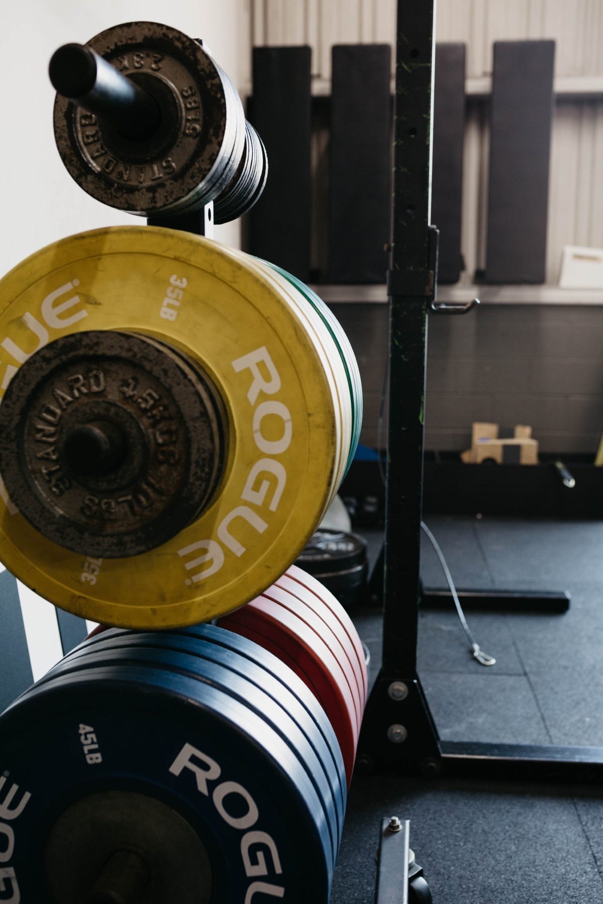 Loaded barbell and bumper plates at O-SEA Fit in San Clemente